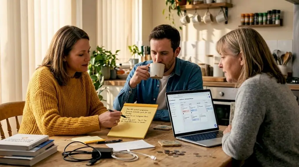 Small business team planning social strategy at table