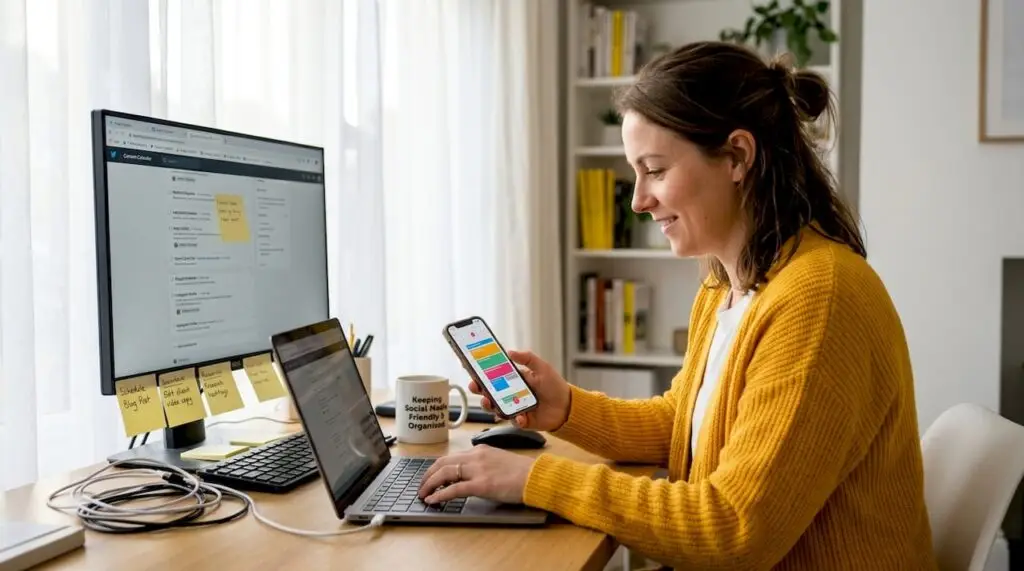 Social media manager automating posts at home desk