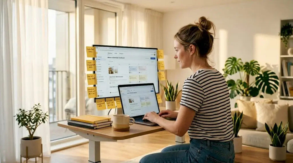 Woman plans social media posts at living room desk