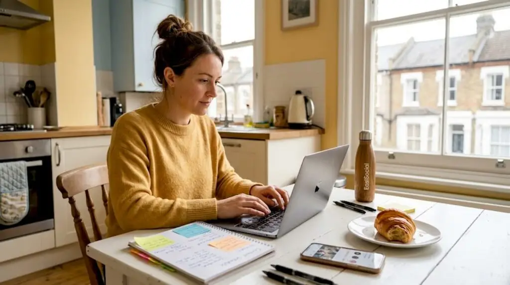 Woman managing social media at kitchen table
