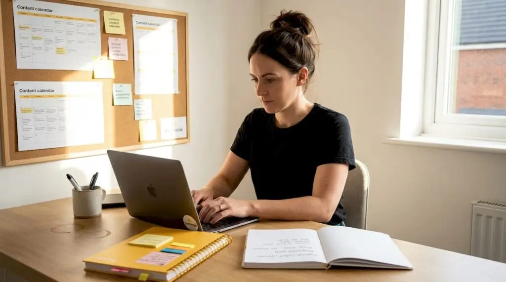 Woman planning content at desk with laptop